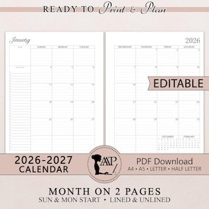 Calendario imprimible editable 2026-2027 / Rellenable, dos páginas, rayado y sin raya / Inicio domingo-lunes / A4, A5, media carta / PDF CLP01-03