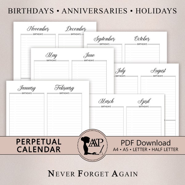 Perpetual Calendar Printable | Planner Insert | Annual Birthday Events Tracker | Minimalist A4 A5 Letter Half Size PDF Download CLP03-01
