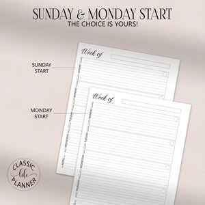 May include: Two printable weekly planner pages with a choice of starting the week on Sunday or Monday. The pages are blank with lines for writing and checkboxes for marking tasks.