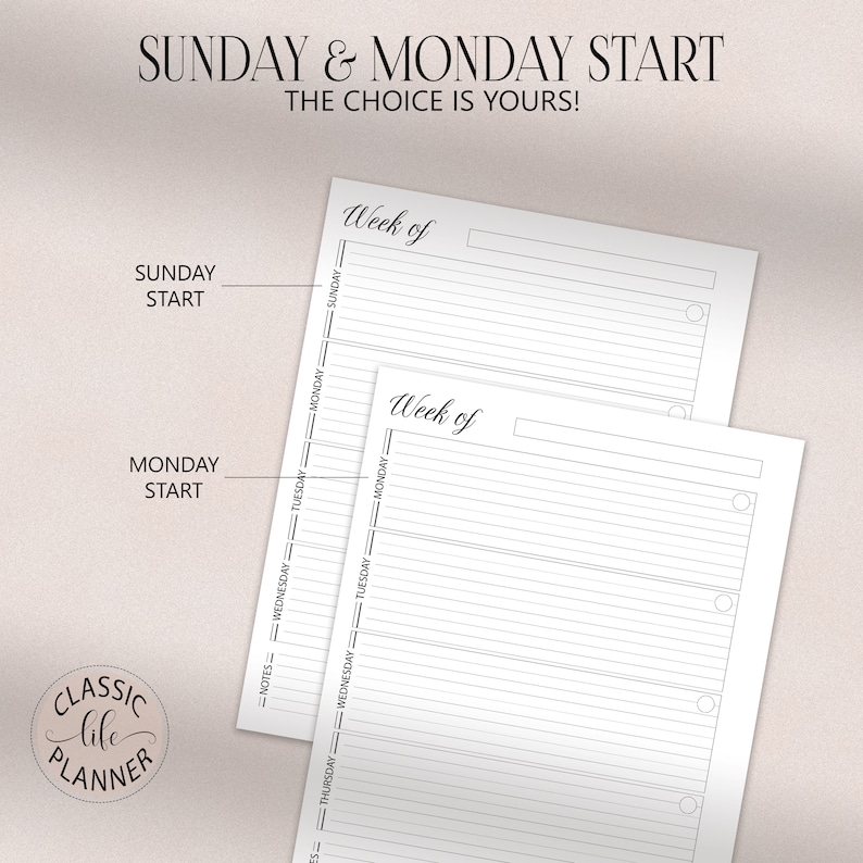 May include: Two printable weekly planner pages with a choice of starting the week on Sunday or Monday. The pages are blank with lines for writing and checkboxes for marking tasks.