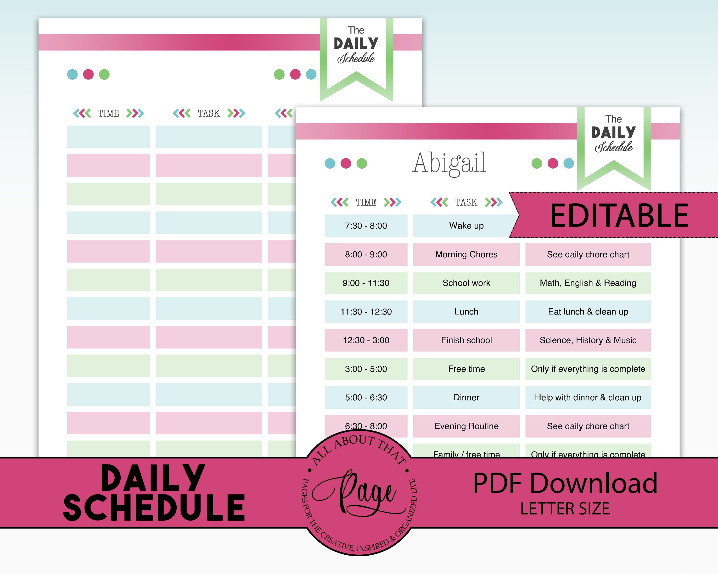 Kids Daily Schedule Sheet Daily Organiser Homeschool Schedule Editable 