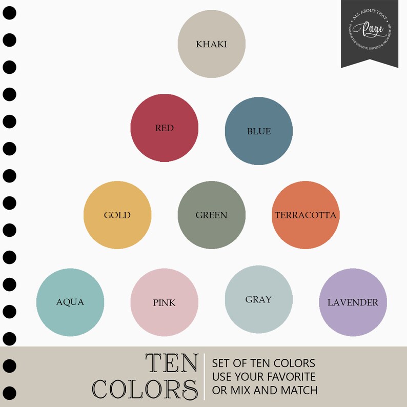 Pu&ograve; includere: Un grafico di dieci campioni di colore con i nomi di ogni colore: Khaki, Rosso, Blu, Oro, Verde, Terracotta, Acqua, Rosa, Grigio e Lavanda. Il testo "DIECI COLORI" &egrave; sotto i campioni, e il testo "SET OF TEN COLORS USE YOUR FAVORITE OR MIX AND MATCH" &egrave; sotto quello.