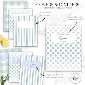 May include: Printable recipe book covers and dividers with customizable text options. Choose from three designs: gingham, polka dots, and stripes.  The text in the image reads "The Connor Family Recipe Collection".