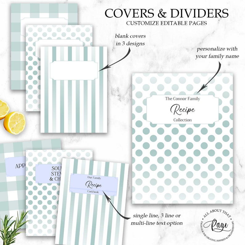 May include: Printable recipe book covers and dividers with customizable text options. Choose from three designs: gingham, polka dots, and stripes.  The text in the image reads "The Connor Family Recipe Collection".