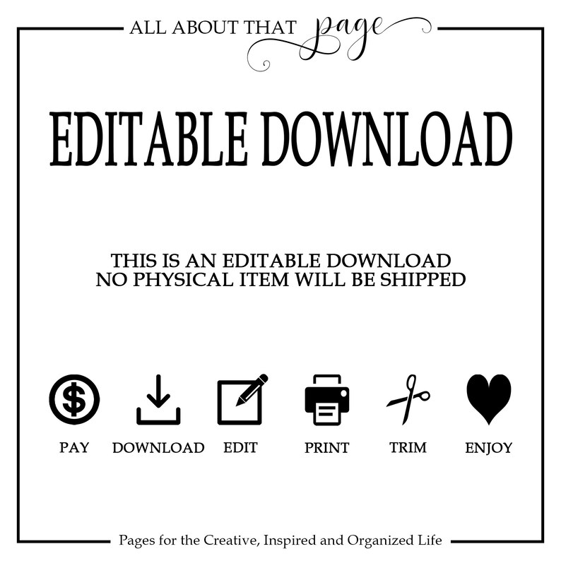 Pu&ograve; includere: Grafica in bianco e nero con il testo "Download modificabile" e icone che rappresentano i passaggi per scaricare, modificare, stampare, ritagliare e godere di un prodotto digitale. &Egrave; incluso anche il testo "Questo &egrave; un download modificabile. Nessun articolo fisico verr&agrave; spedito."