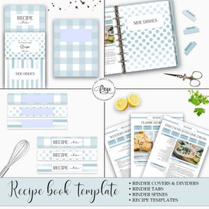 May include: A blue and white recipe book template with a polka dot pattern. The template includes binder covers, dividers, tabs, spines, and recipe pages. The text on the template reads "Recipe Collection" and "Side Dishes".