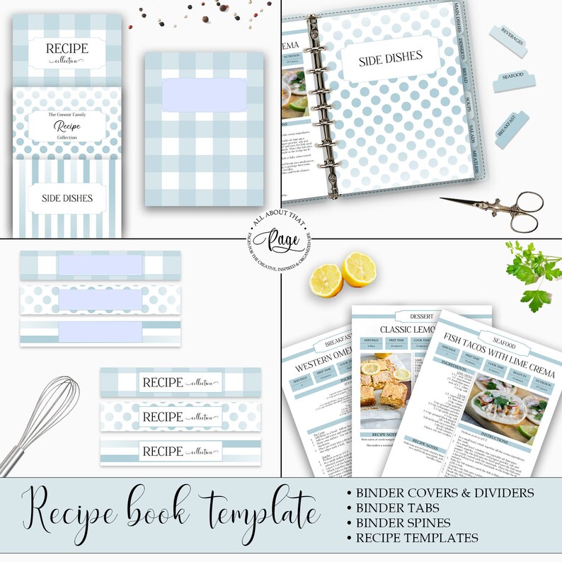 May include: A blue and white recipe book template with a polka dot pattern. The template includes binder covers, dividers, tabs, spines, and recipe pages. The text on the template reads "Recipe Collection" and "Side Dishes".