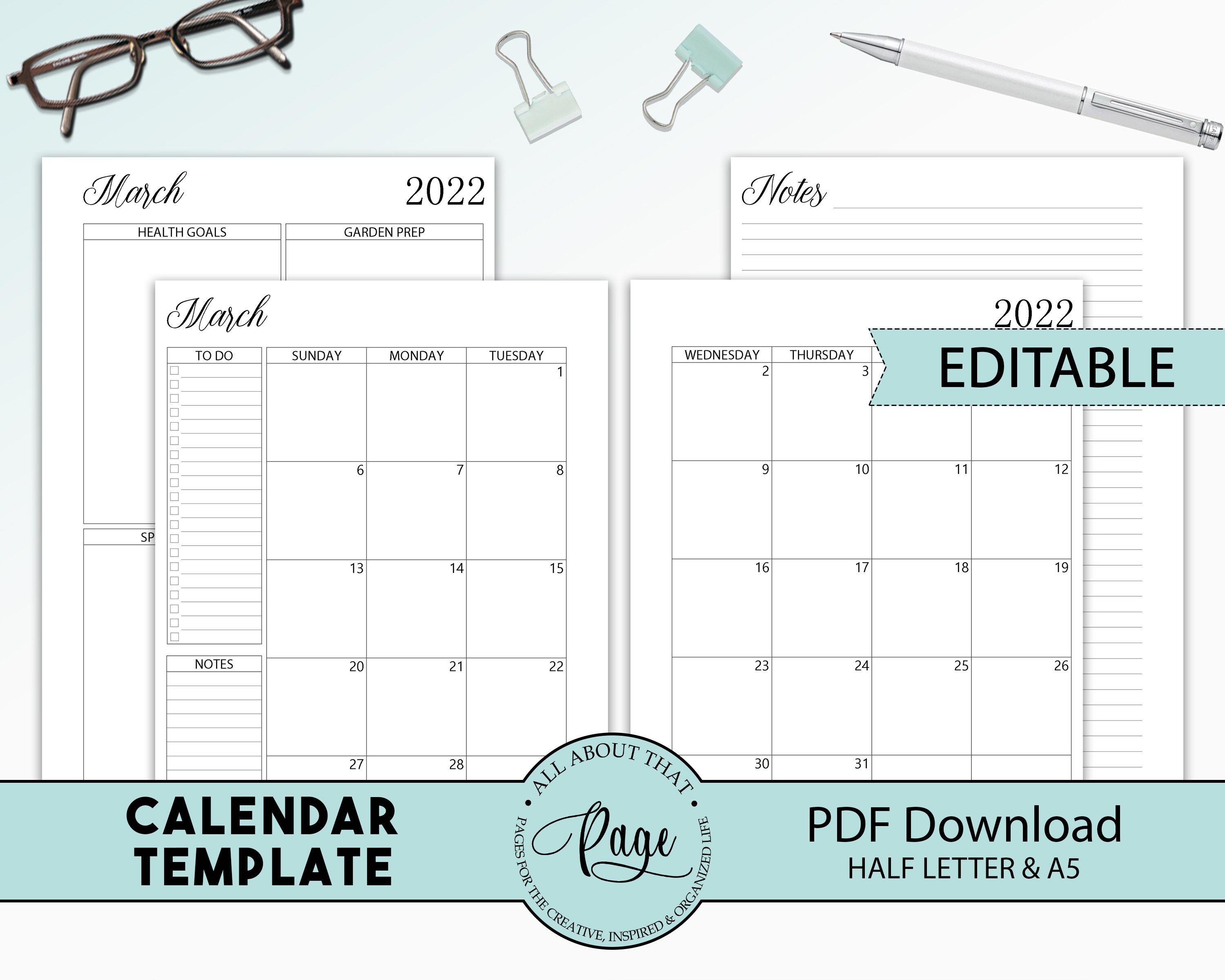 EDITABLE Calendar Template 2022 2023 Printable Blank - Etsy Hong Kong