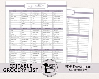 Bearbeitbare Einkaufslistenvorlage, Einkaufsliste zum Ausdrucken, individuelle Einkaufsliste, PDF-Download, Lila, Küchenorganisation, RMP06-02, GLP