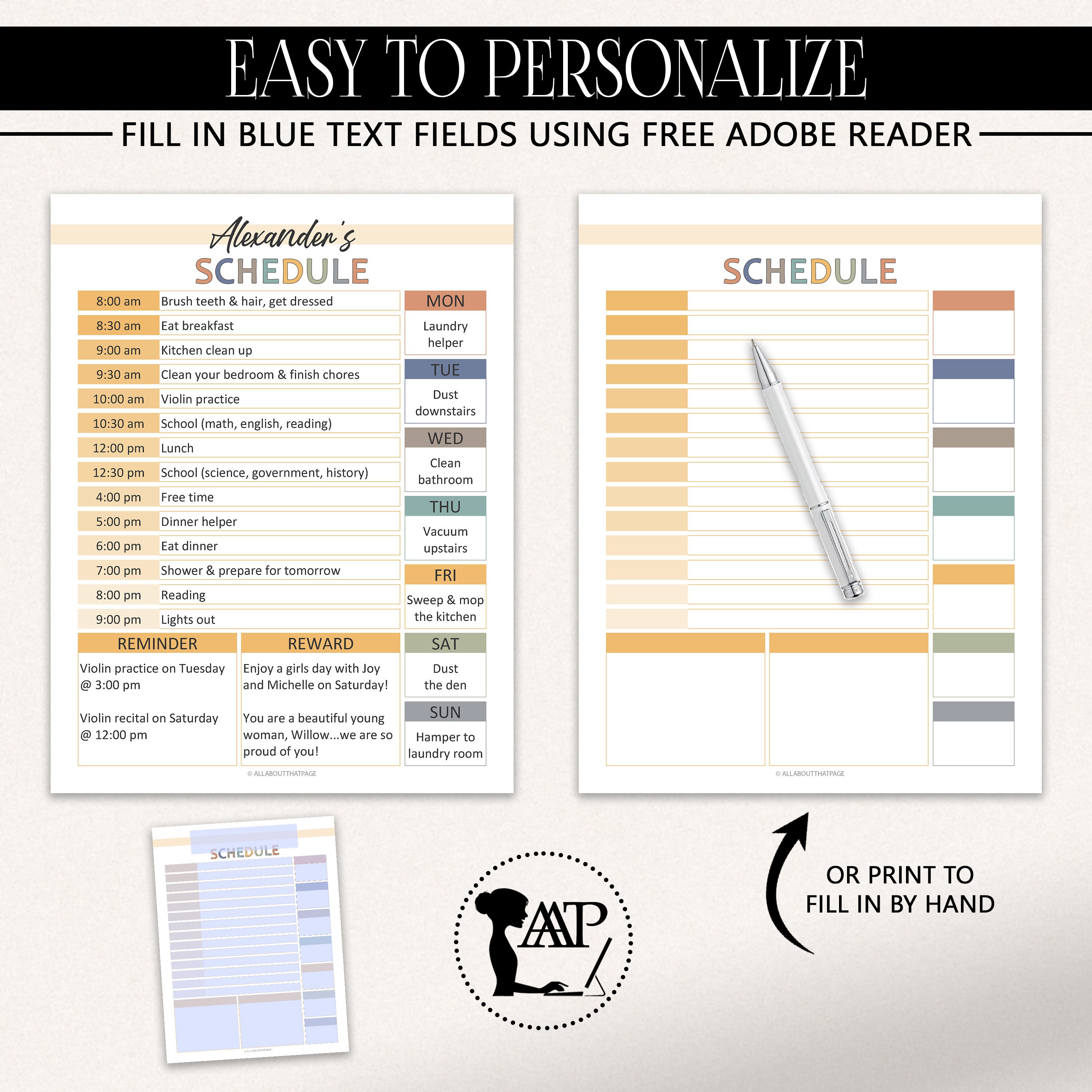 Editable Daily Schedule for Kids Printable Bundle | Weekly Chore Chart ...