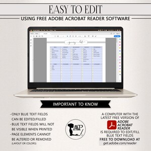 K&ouml;nnte beinhalten: Ein Laptop zeigt eine digitale Vorlage f&uuml;r eine Einkaufsliste. Der Bildschirm zeigt eine detaillierte Liste mit Kategorien wie Feinkost, B&auml;ckerei und Getr&auml;nke. Der Text "EASY TO EDIT" und "USING FREE ADOBE ACROBAT READER SOFTWARE" sind oben zu sehen.