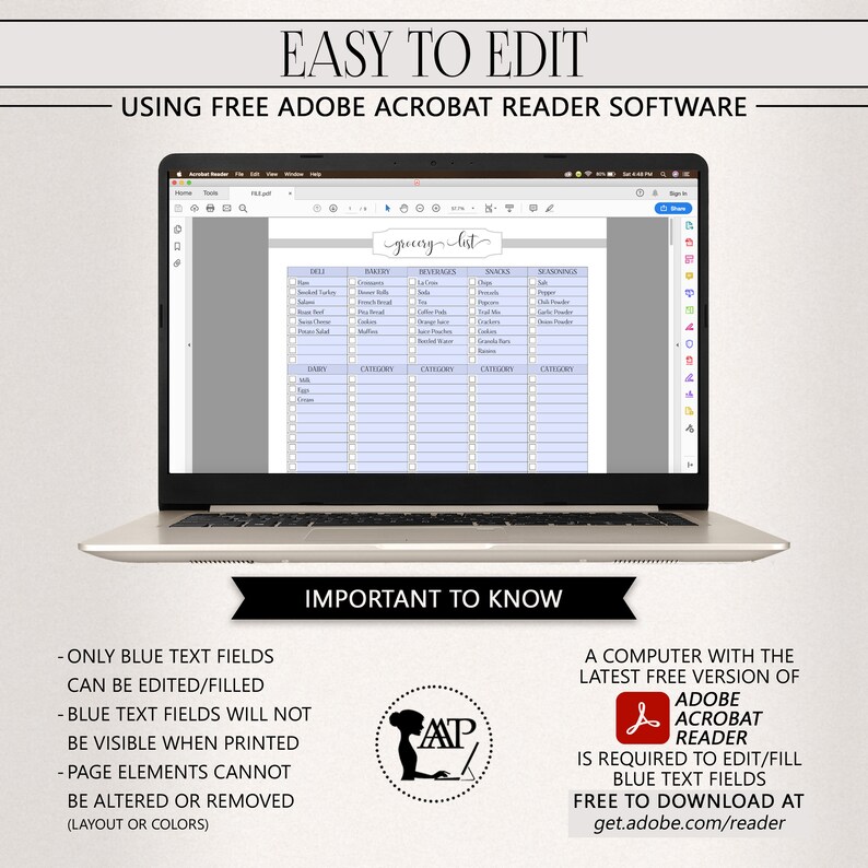 K&ouml;nnte beinhalten: Ein Laptop zeigt eine digitale Vorlage f&uuml;r eine Einkaufsliste. Der Bildschirm zeigt eine detaillierte Liste mit Kategorien wie Feinkost, B&auml;ckerei und Getr&auml;nke. Der Text "EASY TO EDIT" und "USING FREE ADOBE ACROBAT READER SOFTWARE" sind oben zu sehen.