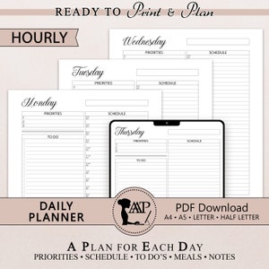 Planejador diário digital para impressão | Programação de uma página por hora | Planejamento de refeições | Boas notas | Minimalista | A4 A5 Carta Meio Tamanho | PDFCLP05-02
