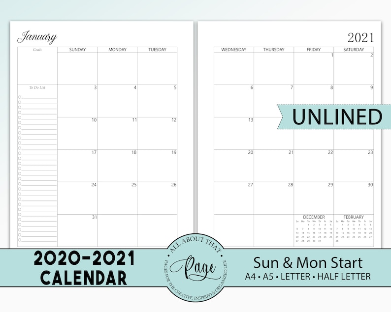 NEW 2020 2021 Monthly Calendar Printable Two 2 Page ...