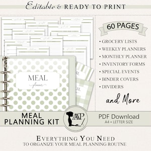 Meal Planning Printable Kit, Editable Meal Planner, Grocery List, Kitchen Inventory, Monthly Weekly, Food Journal, Meal Prep RMP03-06 MPK