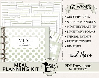 May include: A printable meal planning kit with 60 pages, including grocery lists, weekly planners, monthly planners, inventory forms, special events, binder covers, dividers, and more. The kit is available as a PDF download in A4 and letter size. The cover features a green polka dot design with the text "Meal Planner" and "Meal Planning Kit".