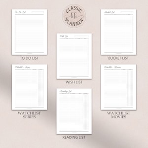 May include: A printable planner with sections for to-do lists, wish lists, bucket lists, watchlists for series and movies, and a reading list. The planner has a classic life planner title at the top.