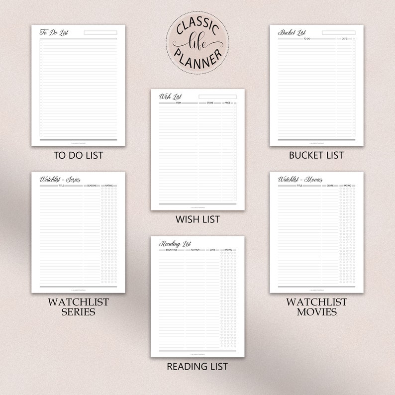 May include: A printable planner with sections for to-do lists, wish lists, bucket lists, watchlists for series and movies, and a reading list. The planner has a classic life planner title at the top.