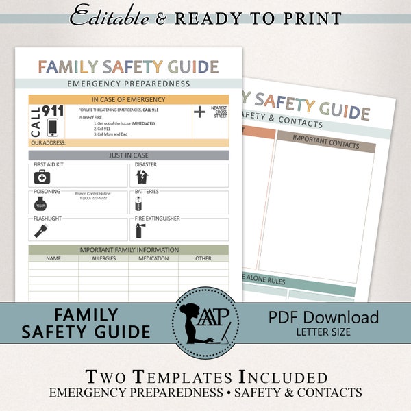 Editable Family Safety Guide Printable Template | Emergency Preparedness Plan | In Case of Emergency | Babysitter Nanny Child Care | HFL08