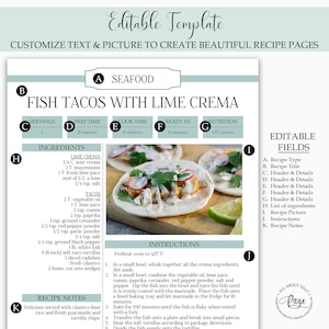 May include: Printable recipe template for Fish Tacos with Lime Crema. The template includes sections for servings, prep time, cook time, ready in time, nutrition, ingredients, instructions, and recipe notes. The image also shows a photo of the finished dish, which includes fish tacos with lime crema, radishes, and cilantro.