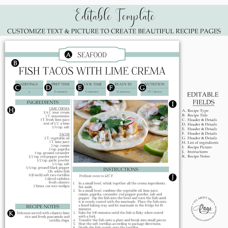 May include: Printable recipe template for Fish Tacos with Lime Crema. The template includes sections for servings, prep time, cook time, ready in time, nutrition, ingredients, instructions, and recipe notes. The image also shows a photo of the finished dish, which includes fish tacos with lime crema, radishes, and cilantro.