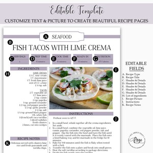 May include: A printable recipe card for Fish Tacos with Lime Crema. The recipe card includes a list of ingredients, instructions, and recipe notes. The image shows a close-up of two fish tacos with lime crema, radishes, and a lime wedge.