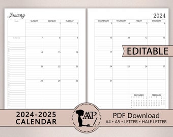 2024 2025 EDITABLE Calendar Printable Template | Fillable Two 2 Page Lined Unlined | Sunday Monday Start | A4 A5 Half Letter | PDF CLP01-03