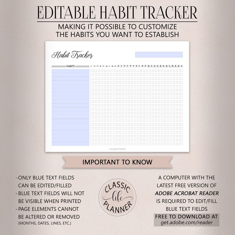 Editable Monthly Habit Tracker Printable Digital | Habits Journal | 30 ...