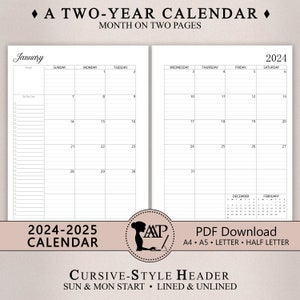 2024 2025 Monthly Calendar Printable | Two 2 Page Lined Unlined Planner Insert | Sunday Monday Start | A4 A5 Letter Half Size | PDF CLP01-01