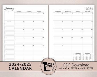 2024 2025 Monthly Calendar Printable | Two 2 Page Lined Unlined Planner Insert | Sunday Monday Start | A4 A5 Letter Half Size | PDF CLP01-01