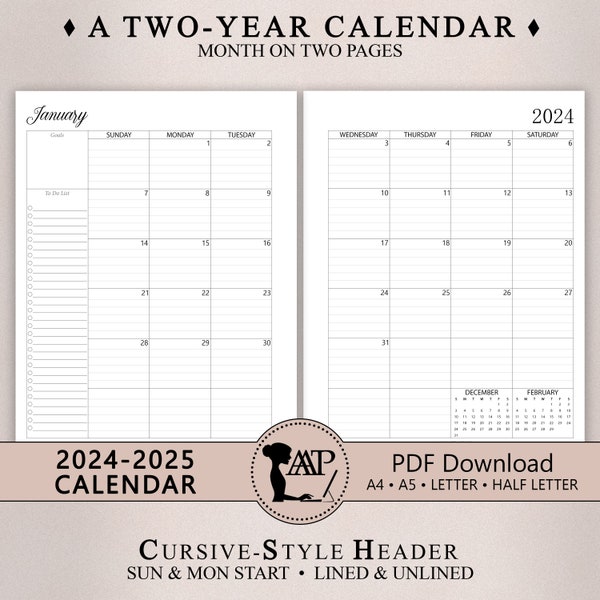 2024 2025 Monthly Calendar Printable | Two 2 Page Lined Unlined Planner Insert | Sunday Monday Start | A4 A5 Letter Half Size | PDF CLP01-01