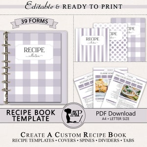 EDITABLE Recipe Book Template, Personalized Cookbook Printable, Family Recipe Organizer, Recipe Page Dividers, Letter A4, pdf, RMP06-07 RBT