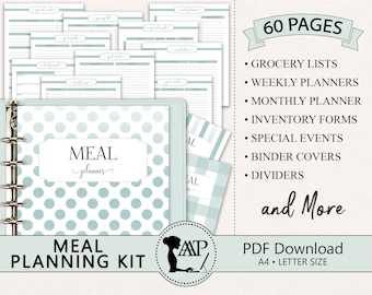 May include: A printable meal planning kit with 60 pages, including grocery lists, weekly planners, monthly planners, inventory forms, special events, binder covers, and dividers. The kit is designed to help you organise your meal planning routine. The cover features a light blue and white polka dot pattern with the text "MEAL planner" in a white box.