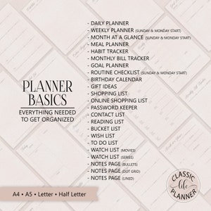 May include: A white and gray planner basics guide with a list of different planner types, including daily, weekly, monthly, goal, and habit trackers. The guide also includes a list of other helpful lists, such as shopping lists, contact lists, and bucket lists. The text "PLANNER BASICS" is in large, bold letters at the top of the guide. The text "EVERYTHING NEEDED TO GET ORGANIZED" is below the title. The guide is designed to help people get organized and plan their lives.
