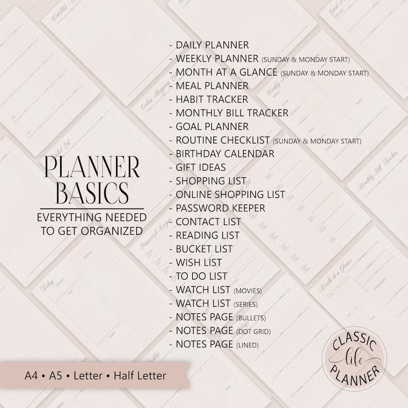 May include: A white and gray planner basics guide with a list of different planner types, including daily, weekly, monthly, goal, and habit trackers. The guide also includes a list of other helpful lists, such as shopping lists, contact lists, and bucket lists. The text "PLANNER BASICS" is in large, bold letters at the top of the guide. The text "EVERYTHING NEEDED TO GET ORGANIZED" is below the title. The guide is designed to help people get organized and plan their lives.