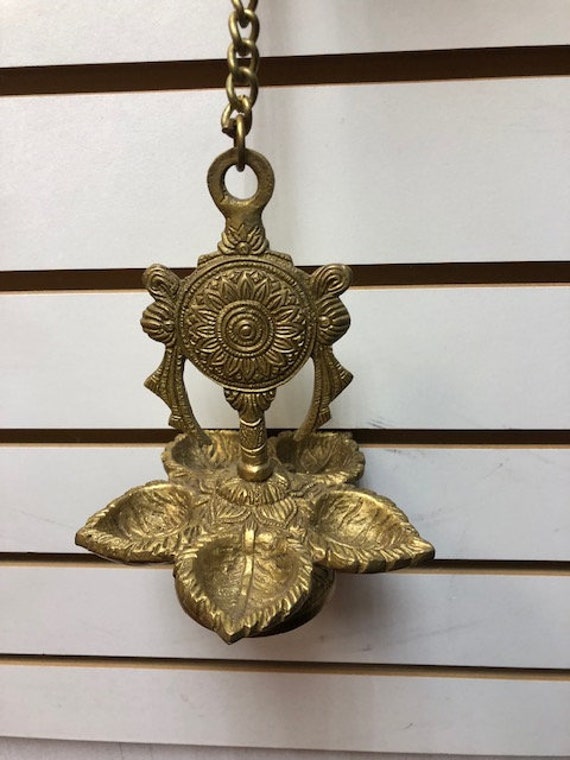 Hand Engraved Heavy Brass Shell Shankh Motif Panch Mukhi Hand Engraved Heavy Brass Shell Shankh, Indian Brass Hanging Oil Lamps