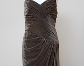 Vintage 80s Frank Usher bronze gold bodice ruched draped lined evening new year xmas cocktail party dress. Made in Great Britain.