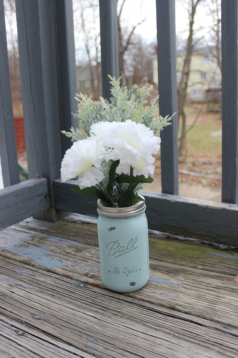 Light blue rustic mason jar vase glass vase mason jar centerpiece farmhouse rustic decor gift for her flower vase