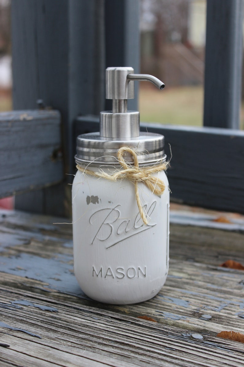 White Mason Jar Soap Dispenser Mason Jar Decor Country Chic Etsy