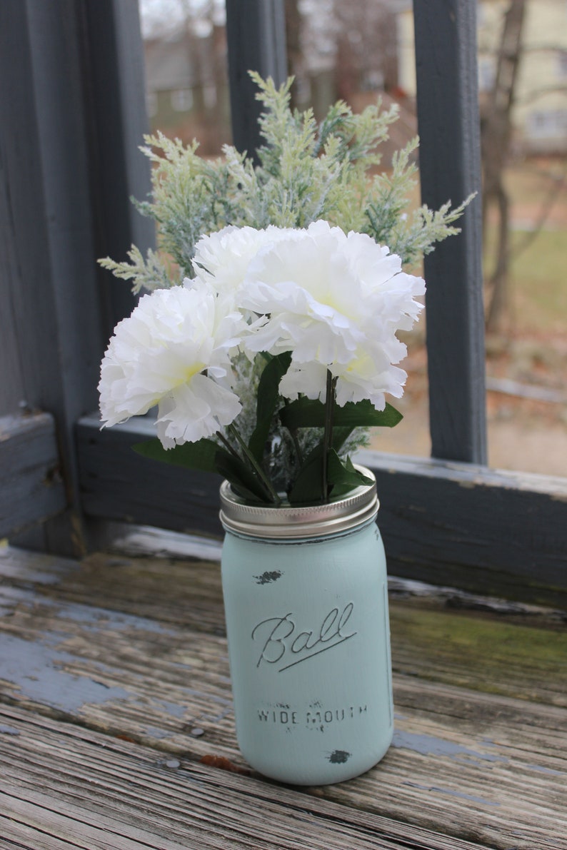 Light blue rustic mason jar vase glass vase mason jar centerpiece farmhouse rustic decor gift for her flower vase