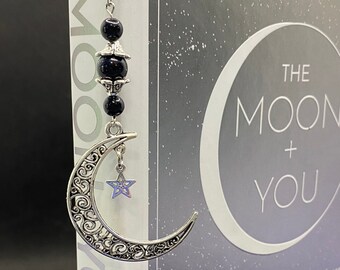 Blue Goldstone Moon and Star Pendant Silver Metal Hook Bookmark