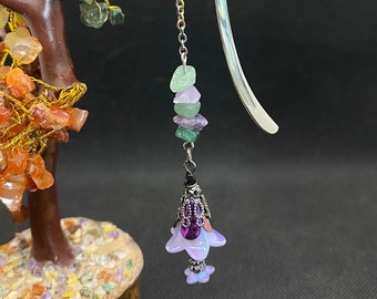 Fairy Bell Cottagecore Pendant Silver Metal Hook Bookmark with Chipped Amethyst and Chipped Green Aventurine Beads
