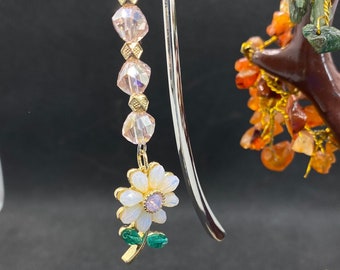 Flower Cottagecore Pendant Silver Metal Hook Bookmark with glass bead chain, dainty fairycore flower