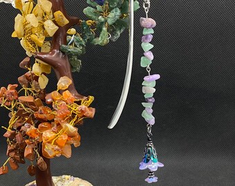 Fairy Bell Cottagecore Pendant Silver Metal Hook Bookmark with Chipped Amethyst and Chipped Green Aventurine Beads