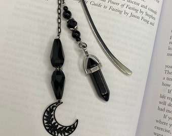 Black Obsidian Crystal Point and Black Crescent Moon Pendant Silver Metal Hook Bookmark