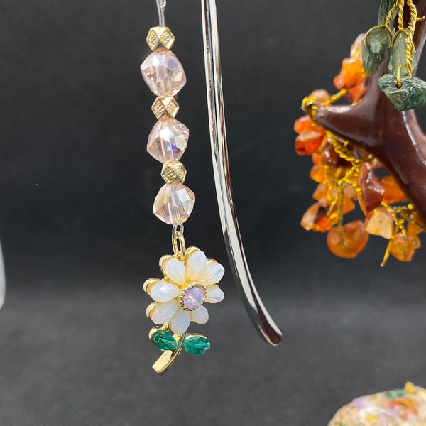 Flower Cottagecore Pendant Silver Metal Hook Bookmark with glass bead chain, dainty fairycore flower