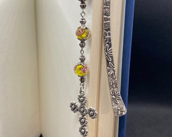 Cross with Rose Pendant Silver Metal Hook Bookmark with Pink Rose Glass Beads