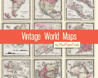 May include: A set of nine vintage world maps, each depicting a different continent. The maps are printed in black and white with colored borders and feature detailed geographical information. The maps are titled "Vintage World Maps by Mad PaperCrush".