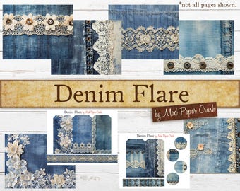 Denim and Lace Junk Journal Pages, Ephemera (Digital Paper Kit)