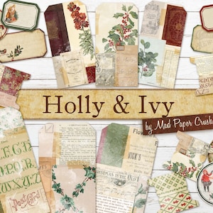 Vintage Weihnachts-Collage-Papier | Rot & Grün Junk Journal Kit | Weihnachten Digital Papier